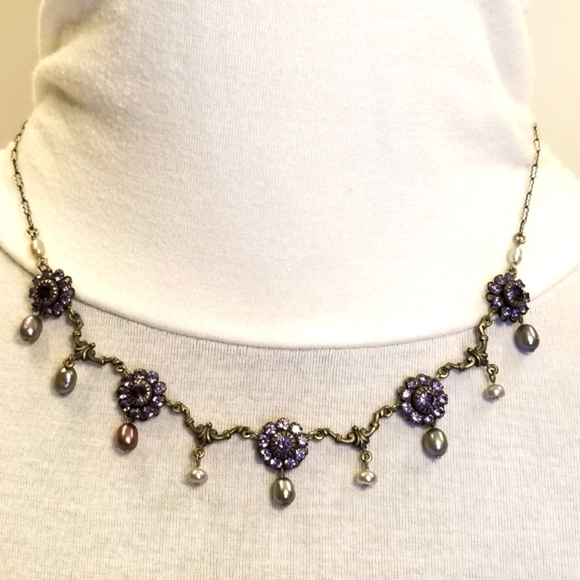 Liz Paiacios Purple Fresh Water Pearls Swarovski Crystals & Silver Necklace - Picture 1 of 9